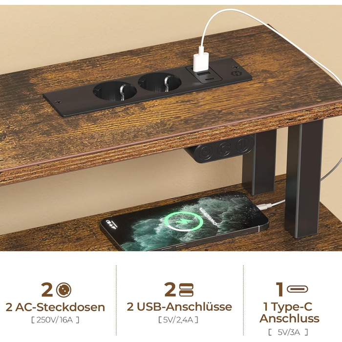 Комп'ютерний стіл Seventable з розетками та LED-підсвіткою, 100 см, геймінговий стіл з 5 висувними ящиками та підставкою для монітора, для офісу, кабінету, спальні, вітальні (Вінтажний коричневий)