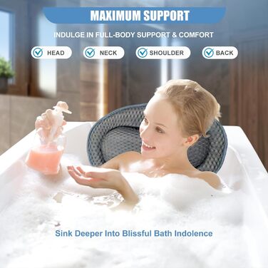 Подушка для ванни з піни memory foam, антиковзка, для шиї та спини, 4D вентиляція, 6 присосок, сіро-метеликовий колір