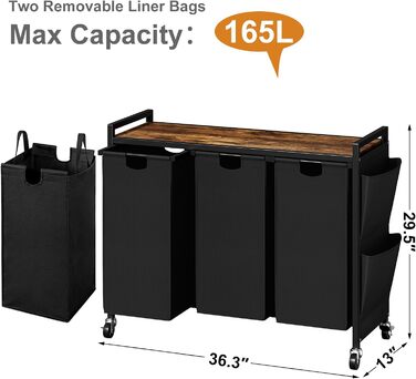 WOWLIVE Подвійний кошик для білизни з кришкою, на коліщатках, з металу, сортувальник для білизни з верхньою полицею та 2 знімними мішками, великий органайзер для одягу, (165л, Чорний)