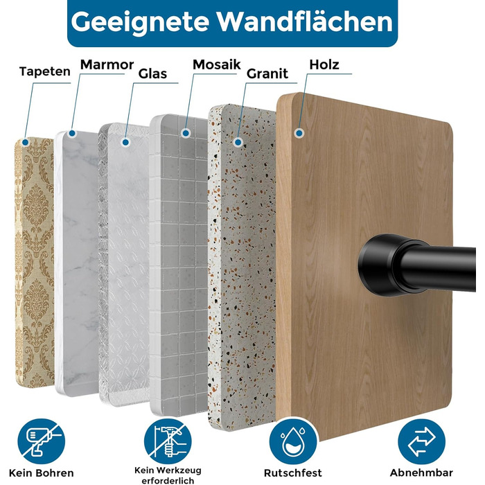 Штанга для штор без свердління AIZESI, 113-197 см, телескопічна, чорна (діаметр 22 мм)