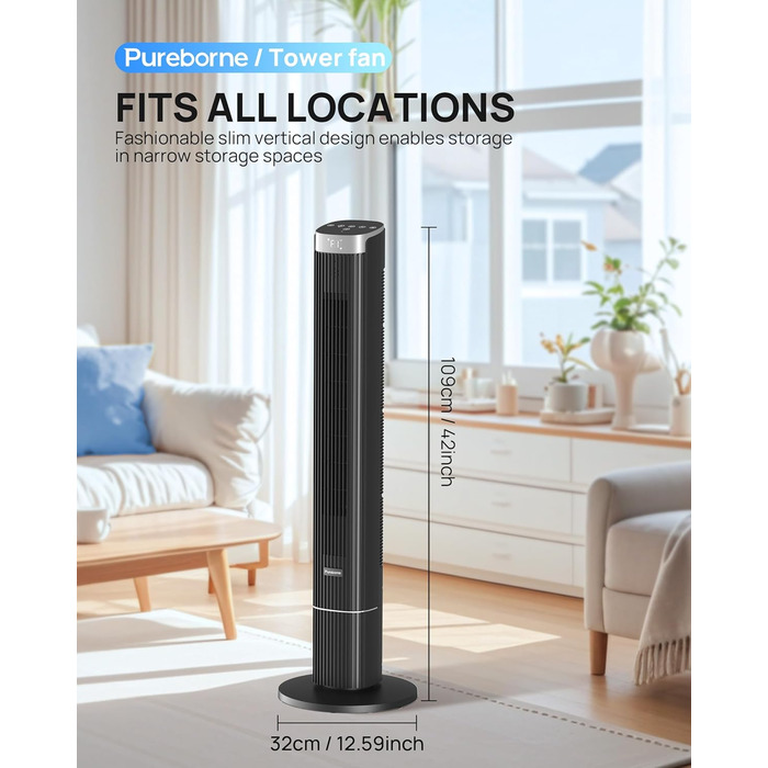 Турбовентилятор Leiser з осциляцією 90°, Wi-Fi, пульт, 4 швидкості, 4 режими, таймер 12 год, чорний, 102 см