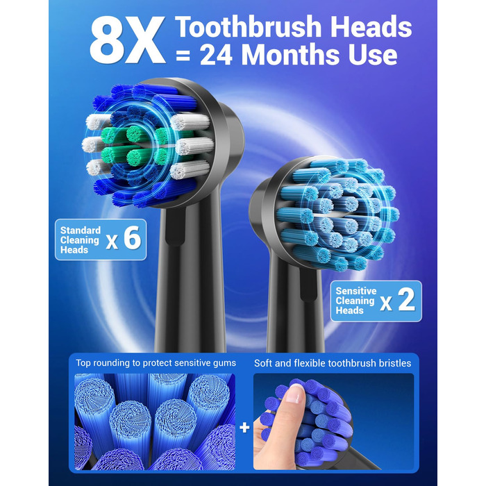 Електрична зубна щітка ротаційного типу для дорослих та дітей з 8 насадок, зарядний станція з кріпленням на стіну, 5 режимів чищення та дорожній футляр, 60 днів роботи від акумулятора, чорний