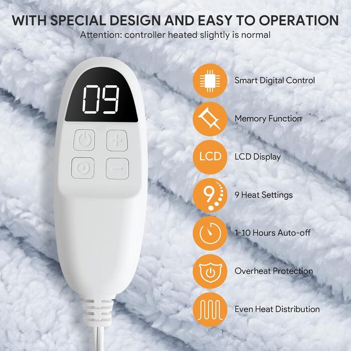 Електрична гріюча ковдра 160x130 см з автовимкненням, 9 режимів нагріву та таймером. Захист від перегріву, пральна, тепла ковдра для дому та офісу сірого кольору 160x130 см