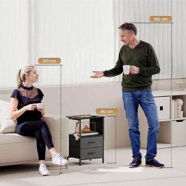 Журнальний столик-приліжкові з підзарядною станцією, сталевий каркас, USB-C порти, ящики, гачки, розміри 40x30x60 см, чорний