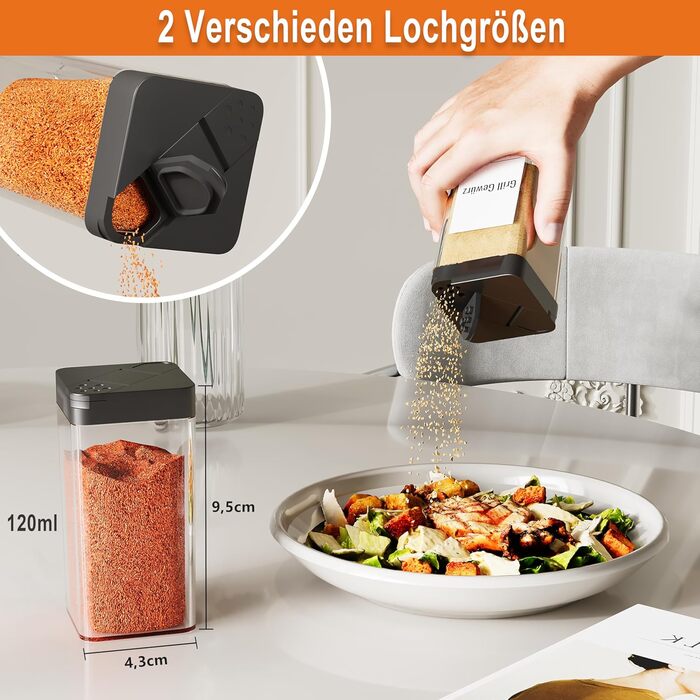 Набір баночок для спецій кутовий 12 шт. 120 мл з кришкою, чорний, з дозатором та 120 етикетками