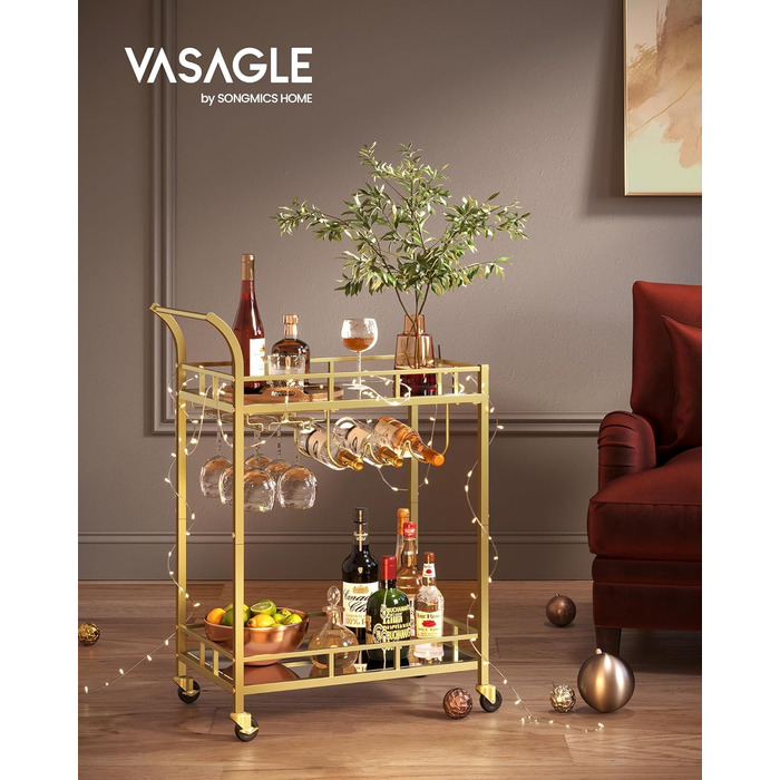 Сервізний візок VASAGLE з 2 скляними полицями, золотий, 38 x 60 x 90 см