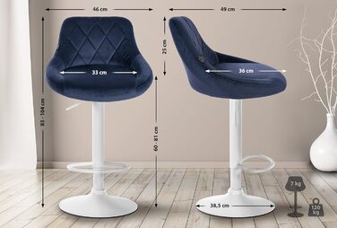 Набір з 2 барних стільців Lazio з велюровим покриттям, поворотні, з підніжкою, регульована висота, металевий каркас, колір: блакитний, колір каркасу: білий