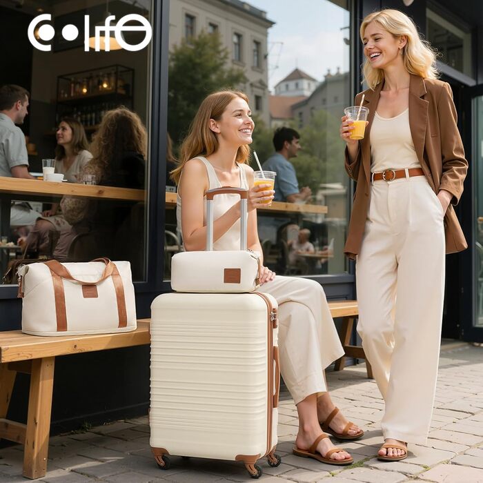 Набір валіз COOLIFE 3 в 1: великий дорожній набір 71 см + сумка та косметичка | ABS, 360° колеса, TSA-замок. Ідеально для подорожей, відпочинку, навчання за кордоном. Сімейний набір ручної поклажі 3 шт. Чорний/Коричневий