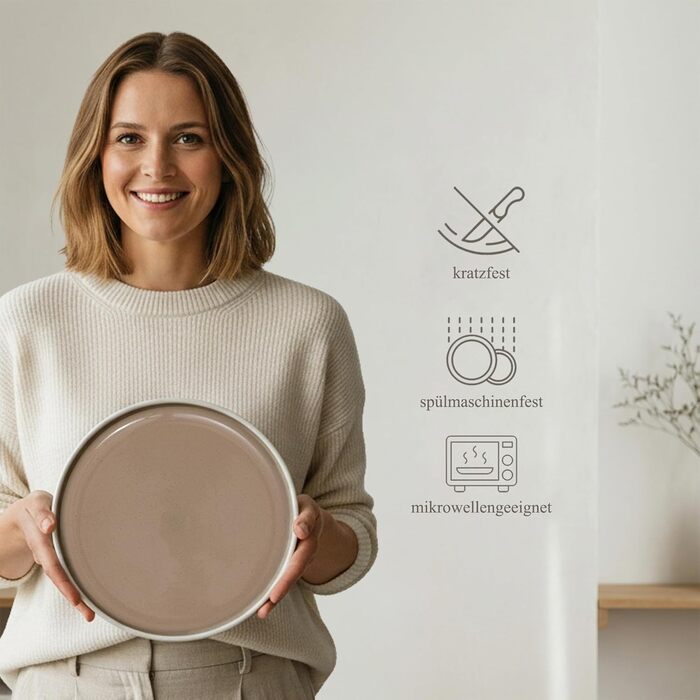 Набір посуду Hausfelder на 8 осіб (32 елементи) з каменю – сервіз для обіднього столу з тарілками, салатниками та чашками – миється в посудомийній машині, сучасний посуд, бежевий (Shadow Stone, 48 елементів)