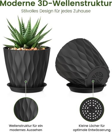 Набір горщиків для квітів 20 см, 5 шт. Чорні пластикові горщики з підставкою та дренажними отворами, 3D-текстура, для монстери, герані та кімнатних рослин, внутрішнє та зовнішнє використання