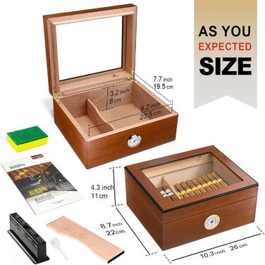 Вологозбережувач для сигар Slege, дерев'яний бокс з іспанської кедру, гігрометр, роздільники, аксесуари для сигар (30-50 сигар) (колір: коричневий)