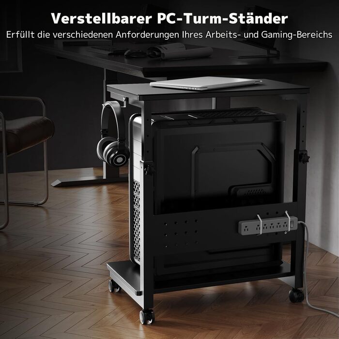 Підставка для ПК з регулюванням висоти PUTORSEN, 2 рівні, з роликами та підкладкою для миші, чорний Full-Tower (до 40 кг/рівень)