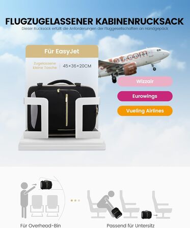 Рюкзак LOVEVOOK для ручної поклажі Ryanair (40x20x25 см), для ноутбука 13.3 дюйма, чорний, підходить для Eurowings, Wizz Air