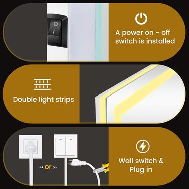 Дзеркало для ванної кімнати YOLEO з підсвічуванням 90x70 см, LED дзеркало з переднім та заднім освітленням, дзеркало з пам'яттю, 3 регульовані кольори світла, антизапарник 90x70 см