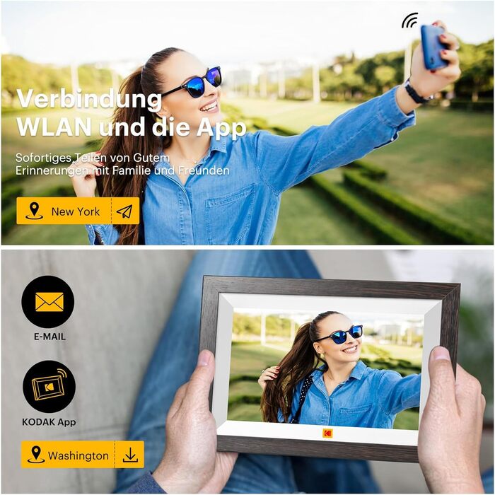 Цифровий фоторамка KODAK WiFi з сенсорним екраном IPS HD 10.1 дюйма, 32GB, автоматичне обертання, Wi-Fi, для стін, ділитися фотографіями звідусіль, темно-коричневий (білий каркас)
