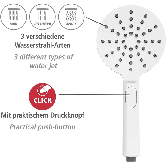 Дизайн душової лійки WENKO білий, міцний універсальний ручний душ, стильна душова лійка з 3 типами розпилення та зручним перемиканням кнопки, легке очищення від вапняного нальоту, високоякісний пластик, Ø 12 см