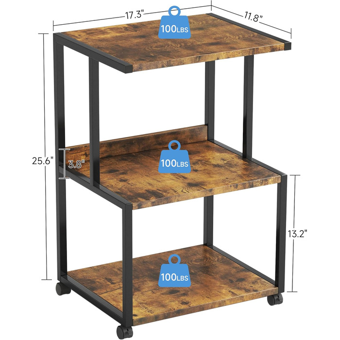 CAIYUN Стіл для принтера, стійка для принтера з фіксуючими колесами, візок для принтера на коліщатках з 3 рівнями, дерев'яно-металева конструкція, міцний і простий у збиранні, 30 x 44 x 65 см, (Коричневий)