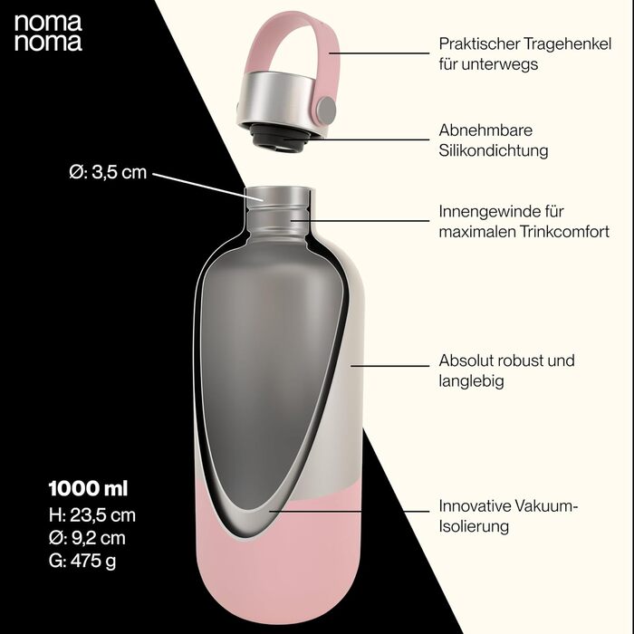 Пляшка для пиття noma noma ізольована пляшка з нержавіючої сталі 500 мл герметична пляшка-термос 500 мл, 750 мл і 1 л вакуумна пляшка для вуглекислого газу кліматично нейтральна та без бісфенолу А (1000 мл, молочний коктейль рожевий)