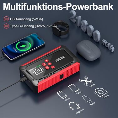 Портативний акумулятор для запуску авто 7000A з компресором 150PSI, 12V, 8L бензин/10L дизель, з прикурювачем та LED ліхтариком