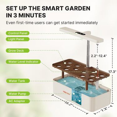 SUNCOZE Гідропонна система вирощування, набір для вирощування трав в приміщенні з LED-освітленням, розумний сад 12 касет, 4л резервуар для води, регульована висота, тиха інтелектуальна помпа, для дому, кухні (Бежевий)