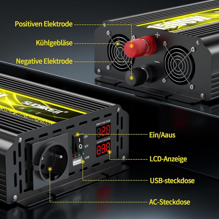 Перетворювач напруги SUDOKEJI 1500 Вт/3000 Вт чистий синусоїдальний інвертор 12 В до 230 В розетка ЄС з РК-екраном і пультом дистанційного керування, порт USB для автомобілів, вантажівок, кемпінгу, аварійної побутової техніки, 12 В, 1500 Вт
