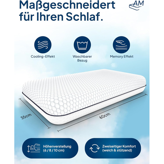 Преміум-матрац з підтримкою шиї AM, регульована висота, ефект охолодження, чохол з Tencel, Made in Germany, сертифікат Oeko-TEX, з гелевим та віскоеластичним шарами, білий