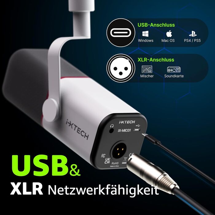 IXTECH Динамічний мікрофон із кардіоїдною діаграмою, RGB підсвітка, USB/XLR, для співу, подкастів, стрімінгу, запису, ігор та озвучування, білий