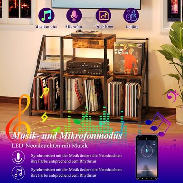 Підставка для програвача вінтаж велика з розеткою та LED-підсвіткою, тримач для платів, полиця для вінілу на 300 альбомів, для вітальні, спальні