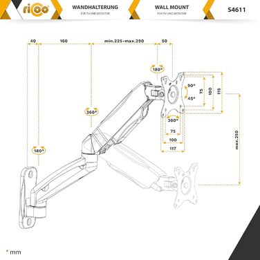 Кріплення для монітора RICOO TS2011: тримач для екрану 17-27 дюймів, VESA 75/100, кріплення до столу