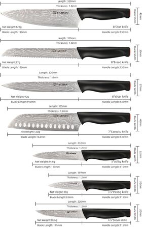 Набір кухонних ножів Katisun 16 шт. з японської сталі, з підставкою, точилкою, дощечкою та ножицями. Набір ножів для нарізки, шинкування та різання, безпечний для миття в посудомийній машині (15 ножів, лазерне різання)