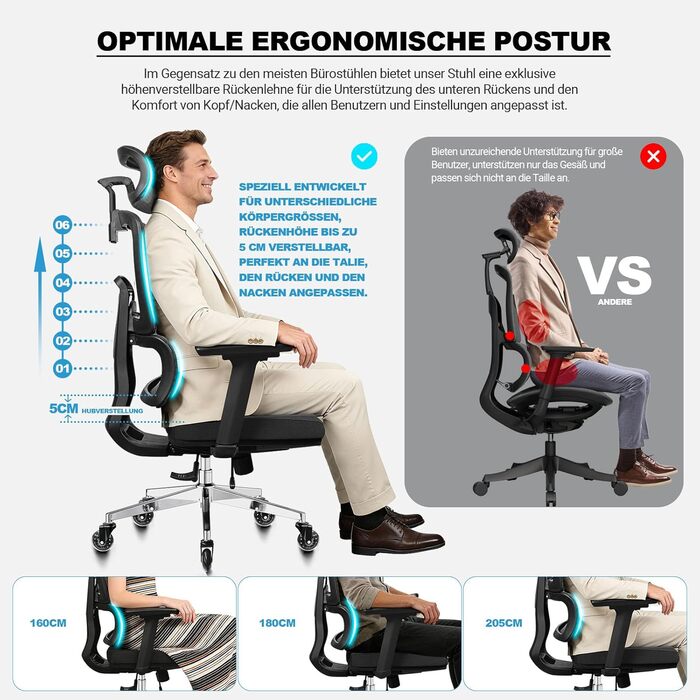 Ергономічне офісне крісло 200 кг | Регульована спинка 6P | 4D підлокітники | Безшумні гумові колеса | Регулювання глибини сидіння | Крісло для великих людей | Перевірено EN12520 | Пінощільність 45