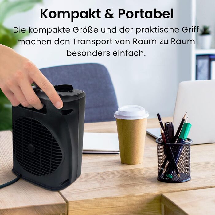 Про Breeze 2000W керамічний міні-нагрівач з холодною функцією та 3 рівнями потужності - для офісу, вітальні, спальні або тераси - Чорний
