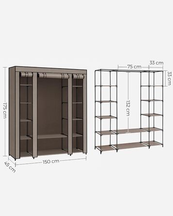 Шафа для одягу, тканинна шафа, з флісовим покриттям, складна шафа з вішалкою для одягу, 45 x 150 x 175 см, 12 полиць, металевий каркас, шафа для спальні, LSF003I02 (Taupe)