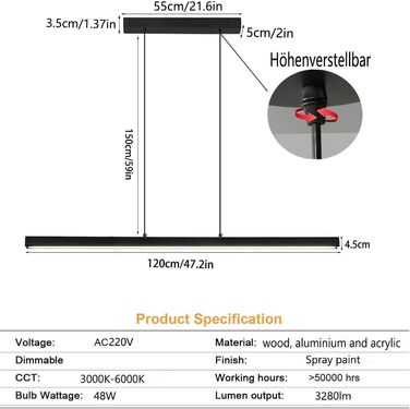 Світлодіодний підвісний світильник з можливістю затемнення чорний, 48 Вт регулюється по висоті для їдальні/кухні/офісу, 120