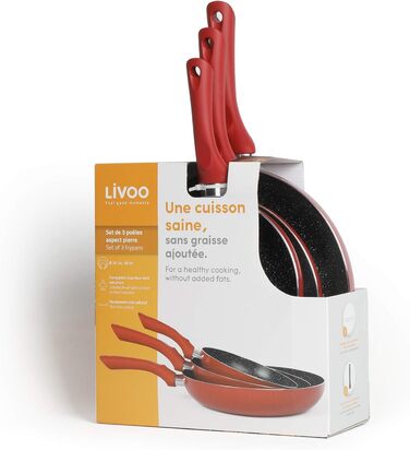 Набір сковорідок Livoo з 3 частин - 28 см 24 см 20 см - Алюміній з покриттям - Антипригарний - Підходить для індукційних плит - Червоний
