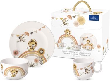 Набір дитячого посуду Villeroy & Boch Boho Kids 'Roar like a lion' (3 шт.) Бежевий, для миття в посудомийній машині, з мікрохвильовкою, з зображенням лева та мавпи, преміум-посуд