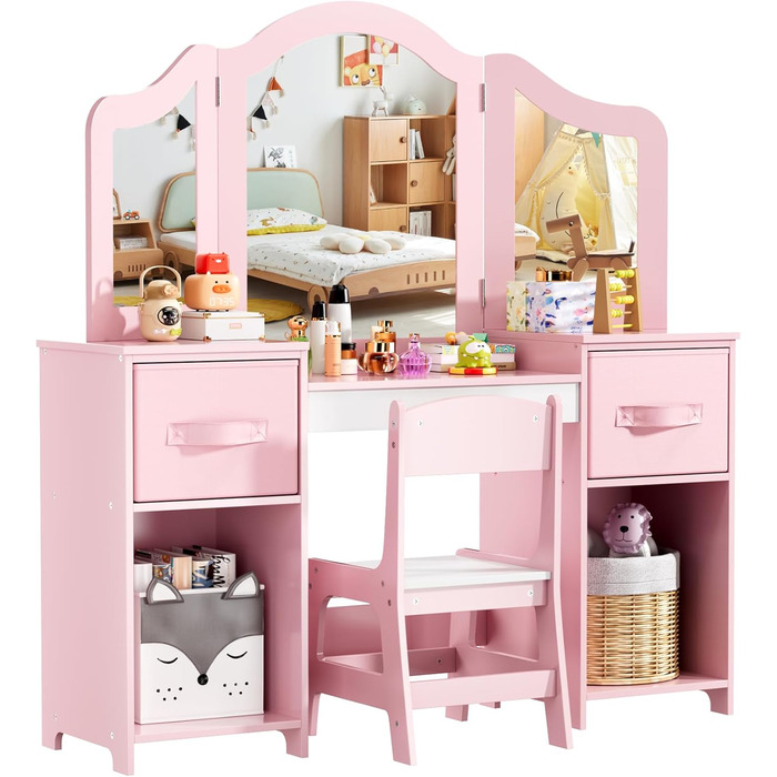 Дитячий туалетний столик MAMIZO 2 в 1 з дзеркалом та пуфом, рожево-білий (108x30x114 см)