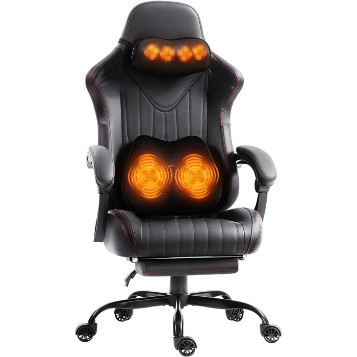 Ігровий крісло Dowinx з масажем, ергономічний дизайн, підтримка попереку та шиї, до 135 кг, шкіряне, чорний