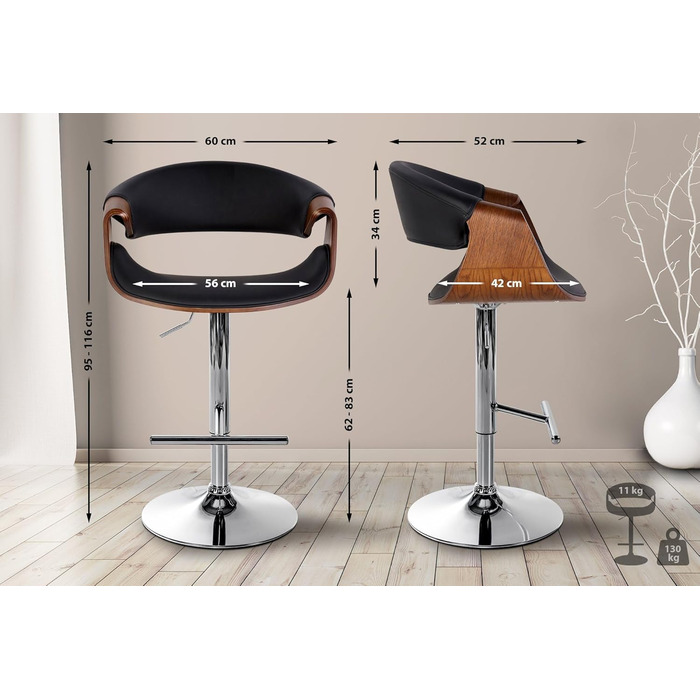 Барний стілець CLP Foley з штучної шкіри, з підлокітниками та спинкою, регульована висота, чорний колір