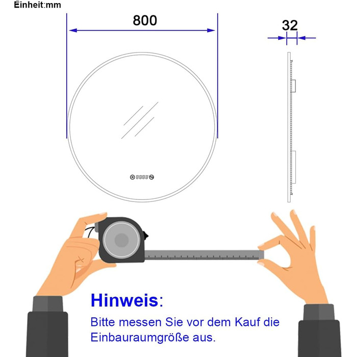 LED дзеркало для ванної кімнати EMKE, діаметр 80 см, з підсвіткою, сенсорне керування, проти запотівання, годинник, температура, регулювання яскравості, пам'ять, нейтральне світло, чорний колір, зелений каркас
