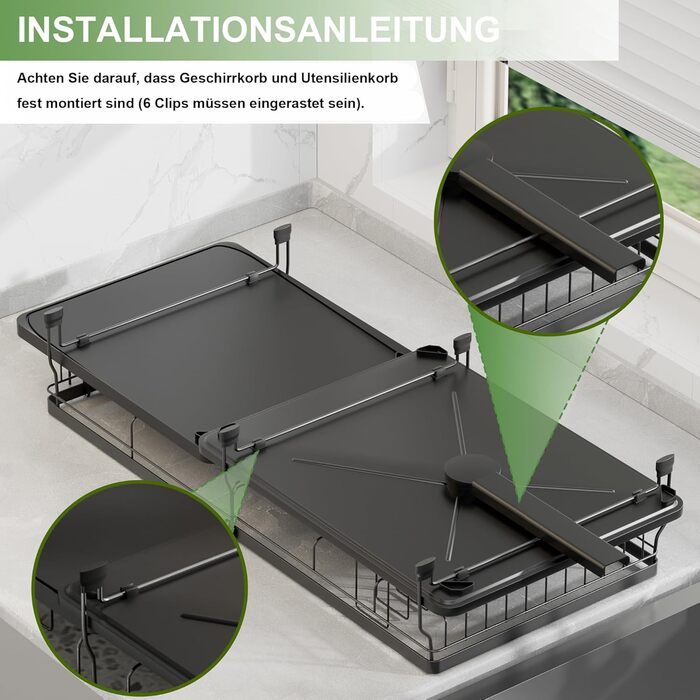 Сушарка для посуду ROTTOGOON розширювана, чорна: складана стійка з нержавіючої сталі, зливний жолоб та відділення для столових приборів