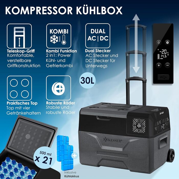 Електрична термохолодильник KESSER® Kompressor на 30 літрів (-20°C) з APP-керуванням, USB, 12/24/230V, телескопічною штангою, акумуляторами, колесами для авто, вантажівки, човна