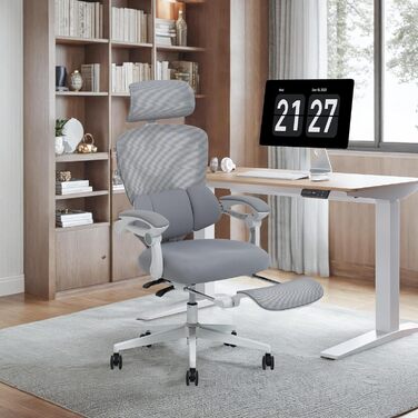 Крісло офісне ергономічне FLEXISPOT з регулюванням нахилу 135°, 3D-підголовник, підлокітники з регулюванням, підставка для ніг, колір біло-сірий (OC4)