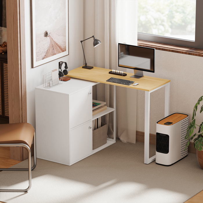 HOMCOM Кутовий стіл у формі літери L, 360° обертовий, з 2 шафками для зберігання, 2 відкритими полицями, комп'ютерний стіл для невеликих приміщень, кабінету, вітальні, 150x40x75 см, Білий