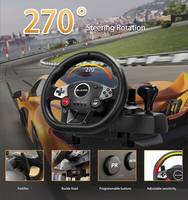 Ігровий кермо VooFun Racing Wheel для PC/PS4/Switch/PS3/Xbox One/Xbox 360 з педалями, 270°, чорний
