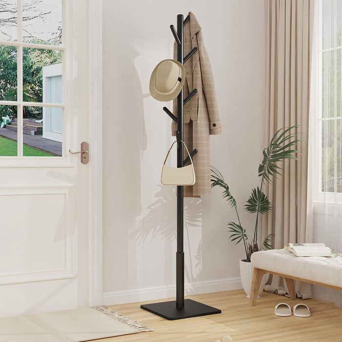 Дзеркало-вішалка для одягу з масиву дерева, чорного кольору, 8 гачків, 3 регульовані висоти, 30x30x180 см