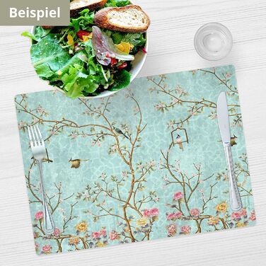 Набір килимків на стіл | Килимок для столу, миється - Квітковий вінтажний мотив з птахами - з високоякісного вінілу (пластик, BPA-free) - 4 шт. - Антиковзка підставка для столу - Килимок на стіл - Зроблено в Німеччині
