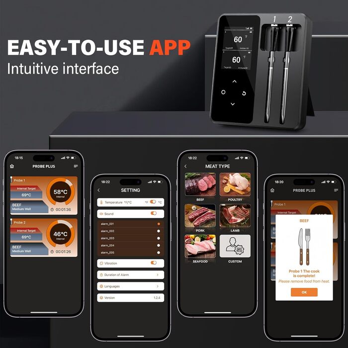 Бездротовий термометр для м'яса з 2 зондами, великий LCD-дисплей, Bluetooth, 130м, термометр для приготування на грилі, BBQ, духовки, гриля, коптильні, сковороди, фритюрниці, водонепроникний IP67