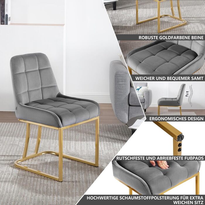 Крісла для обідньої зони WOLTU (4 шт.), м'які крісла з оксамиту з металевим каркасом, для кухні, вітальні, туалетного столика, темно-сірий, EZS32dgr-4