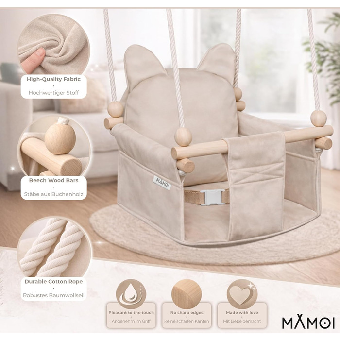Дитяча гойдалка-колиска MAMOI з ременем безпеки, регульована висота 150-190 см, бежева. Гойдалка для дому, міцна конструкція, велюрове сидіння, легкий монтаж.